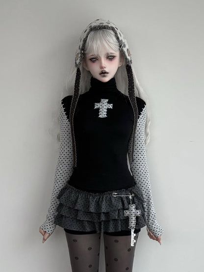 - Neck Polka-dot Pattern High Long Black Top Gothic Sleeve