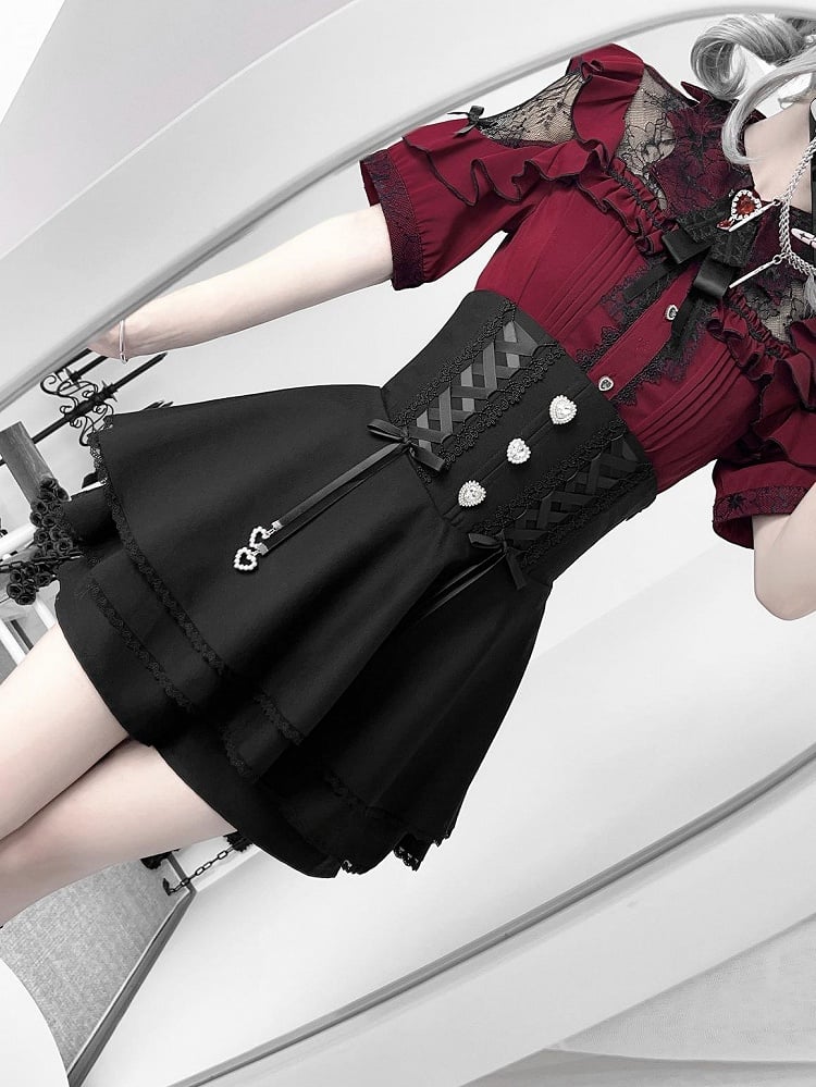 Jirai Kei Black Lace-up High Waist Skort with Heart Rhinestones