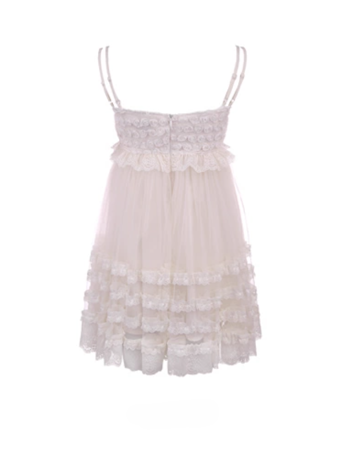 Knielanges Kleid mit Spitzenüberzug, Schleife, weißen Rüschen