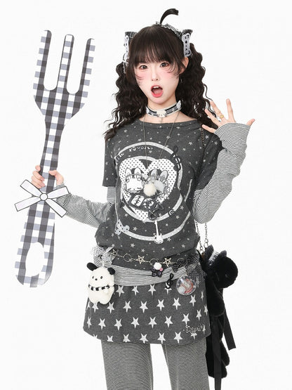 Otaku Style Gray Two-Piece Look Round Neck Long Sleeve Shirt with Bunny & Star Motif - Languid Park