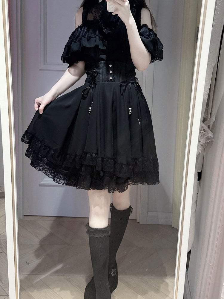 Jirai Kei Black Lace Trim High Waist Skirt - YoshiKi