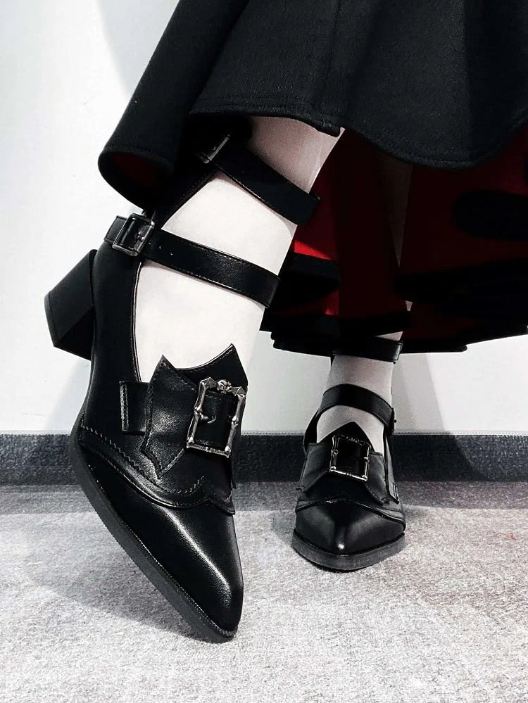 Heeled Pointed-toe Matte Black Bat Wing Details 5cm Bow - Buckle Gothic Shoes
