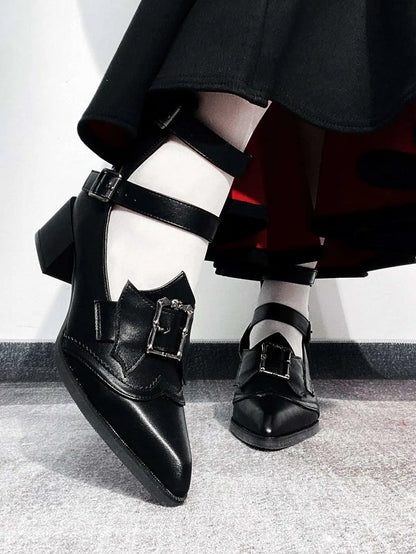 Heeled Pointed-toe Matte Black Bat Wing Details 5cm Bow - Buckle Gothic Shoes