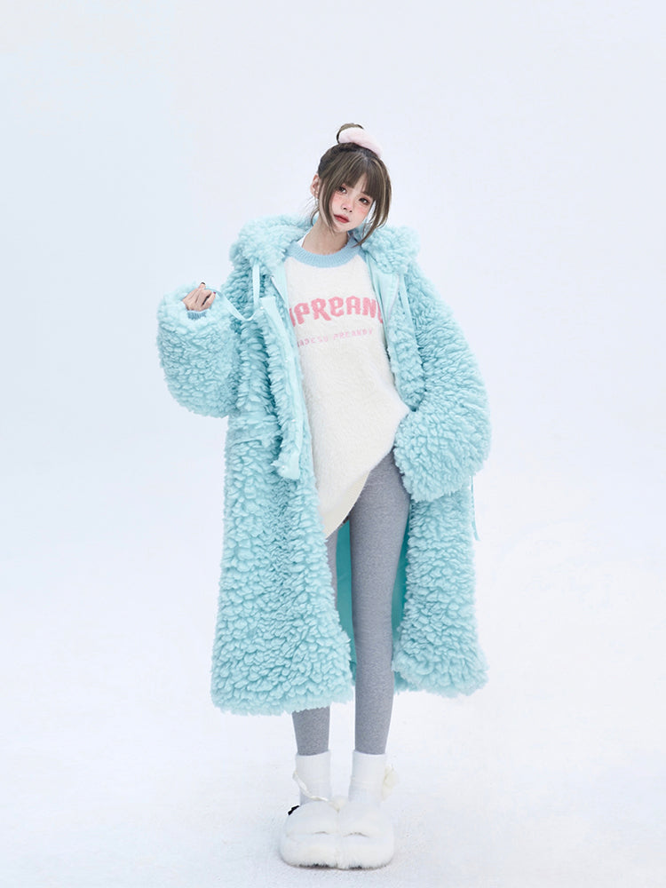Light Winter Coat Blue for Hooded Drawstrings Fleece Long with