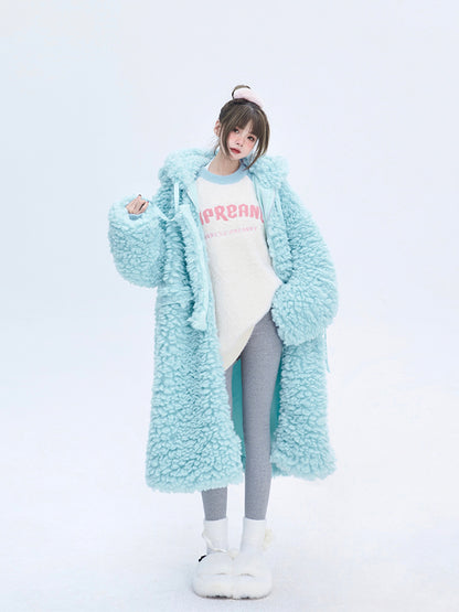 Light Winter Coat Blue for Hooded Drawstrings Fleece Long with
