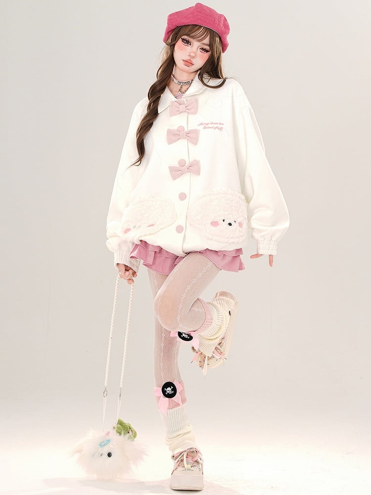 Pink/White Plush Puppy Pockets Polo Collar Jacket