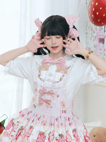 ホワイト＆ピンクのリボン付きピーターパンカラーのスイートロリータブラウス
