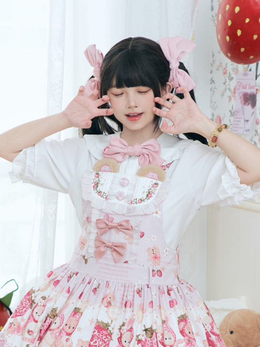 ホワイト＆ピンクのリボン付きピーターパンカラーのスイートロリータブラウス