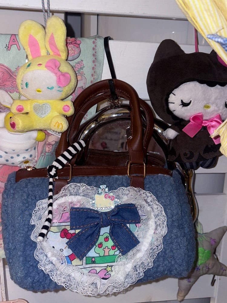 Retro Plush Crossbody Bag with Heart Lace Trim - Black Cherry Sauce