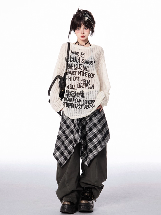 ヴィンテージグレー/ブラウンダーク、チェック柄ウエストアクセサリー付きワイドレッグパンツ ローライズ