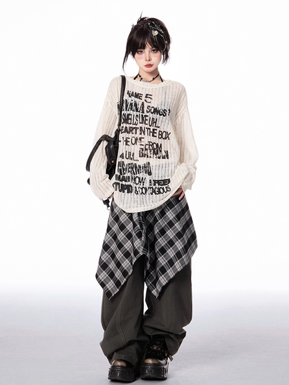 ヴィンテージグレー/ブラウンダーク、チェック柄ウエストアクセサリー付きワイドレッグパンツ ローライズ