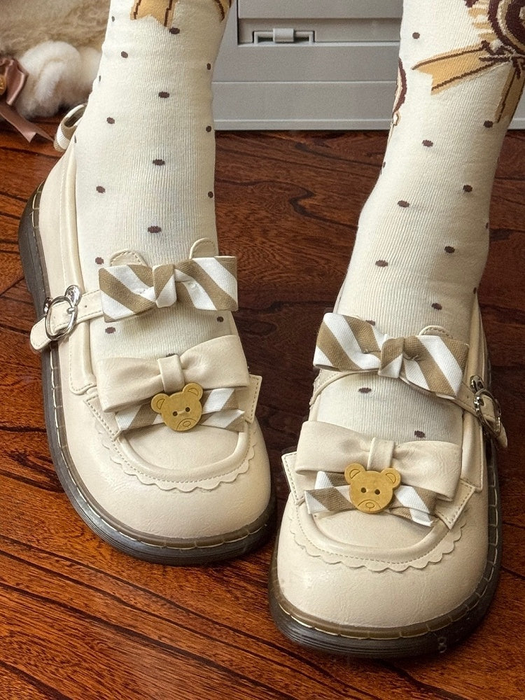 Pattern PU Details Off-white 2cm - Striped Shoes Bow Lolita Bear