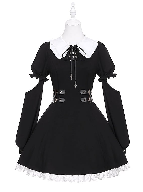Robe noire Jirai Kei à manches détachables et bretelles à boucle à la taille, style mines terrestres