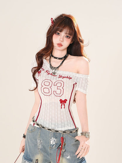 アシンメトリーネックライン ナンバープリント ホワイト/ブラック Tシャツ セミシアー