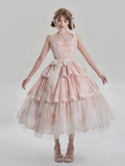Print Dress JSK and Hem Painting Lolita Detail Oil Embroidery Tiered with Pink