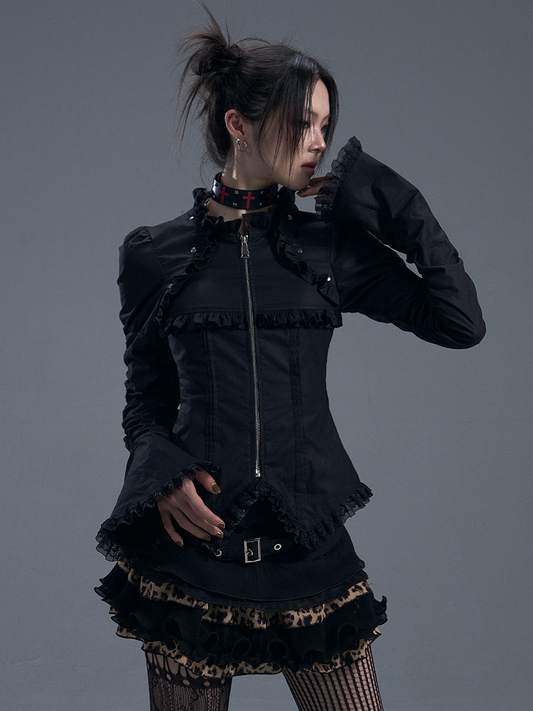 Lace-Trimmed Zipped Black Gothic Vintage Top