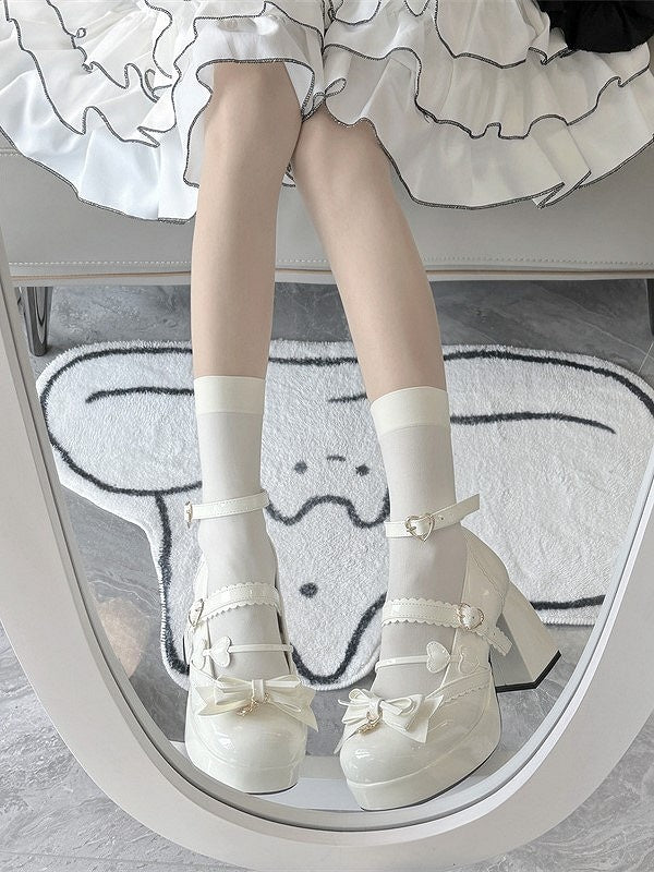 White High with Lolita Decor Heart-shaped Shoes Elegant Mary Snap Jane Bow Block Heel