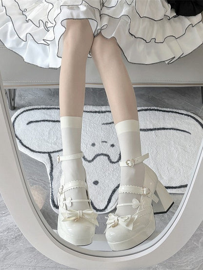 White High with Lolita Decor Heart-shaped Shoes Elegant Mary Snap Jane Bow Block Heel