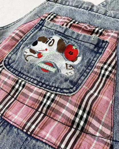ポケットジーンズ パピー 夏ウエスト キュートアクセサリー チェック柄オーバーオール