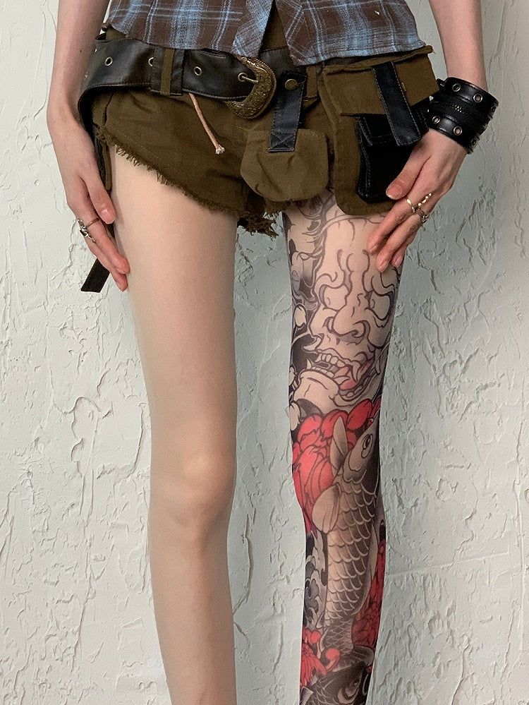 Design Fashion Asymmetrical Gyaru Tattoo Tights Nude Print Fish