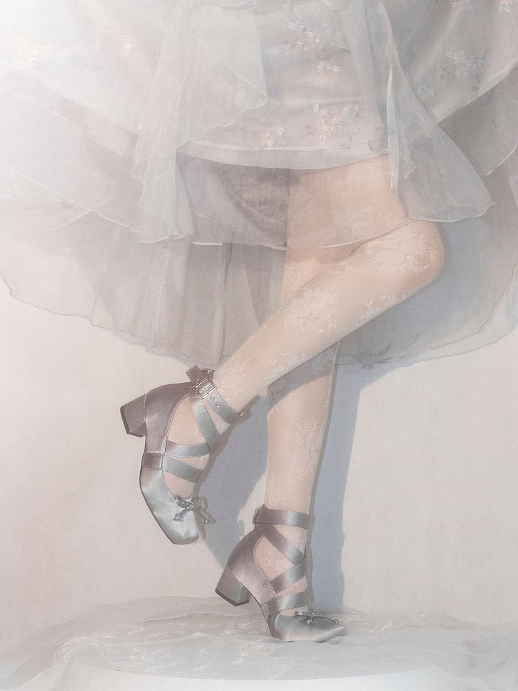 Ballet Square for Crisscross Gray Design Foot Lengh Heels - at 36 23cm Size Clearance Middle Elegant Toe Knotted Bow Top Satin