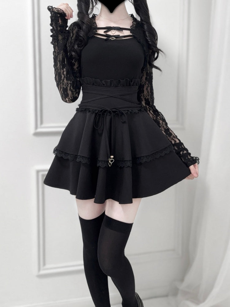 Ruffled High Tie and Black/Dusty Design Detail Pink/White in Corset Waist Skirt Double-Layer