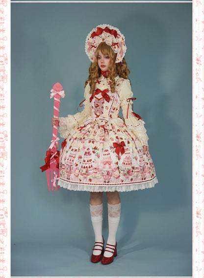 Bow Yellow and Desserts Accents Set Print Strawberry / Full Lolita Sweet JSK
