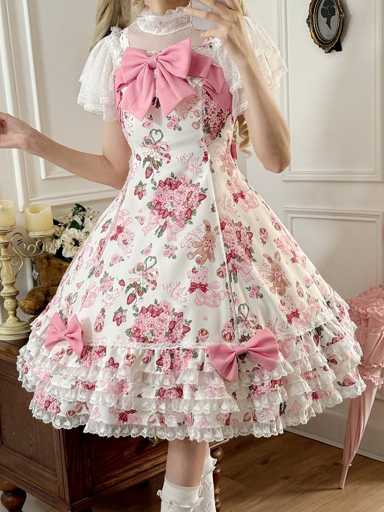 Sweet Teddy White Bear Pink Trim Print Accents Lolita Dress Bow Floral with Lace and