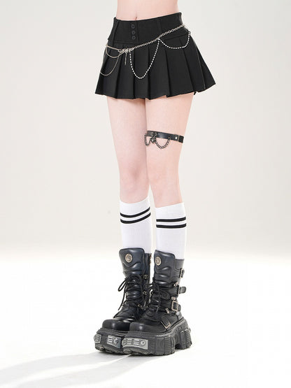 Skirt Black/White with Design Front Button - Pleated Placket Mini Slimming