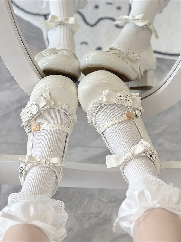 with Lace White Shoes at Sweet Lolita Mid-Heel Edging Top Bow