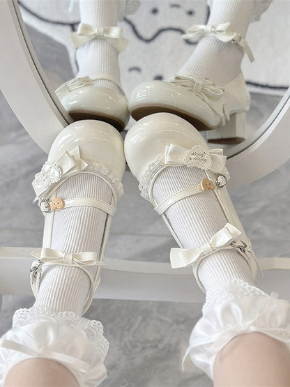 with Lace White Shoes at Sweet Lolita Mid-Heel Edging Top Bow