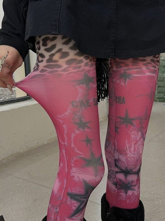 Strumpfhose mit Spitzenbesatz und Leopardenmuster in Rot