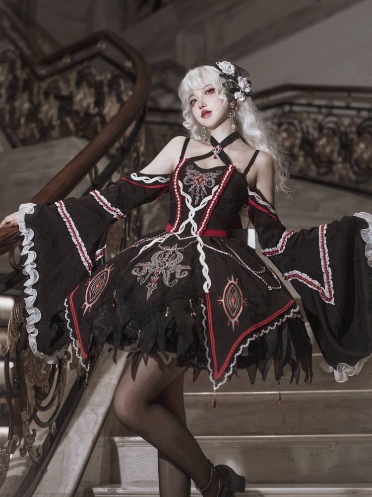 Black and Red Halter Neck Cthulhu Vibes Lolita Dress with Detachable Bell Sleeves