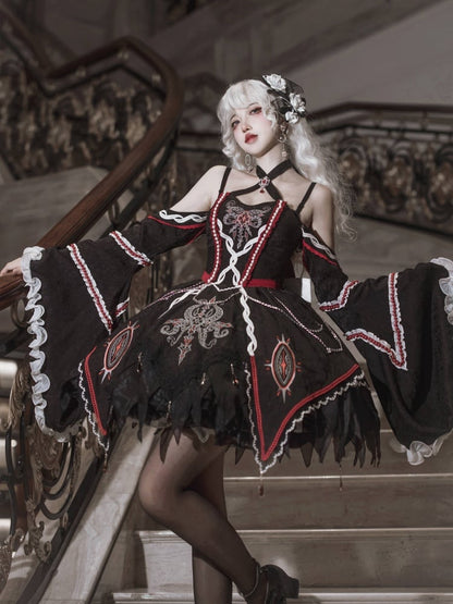 Black and Red Halter Neck Cthulhu Vibes Lolita Dress with Detachable Bell Sleeves