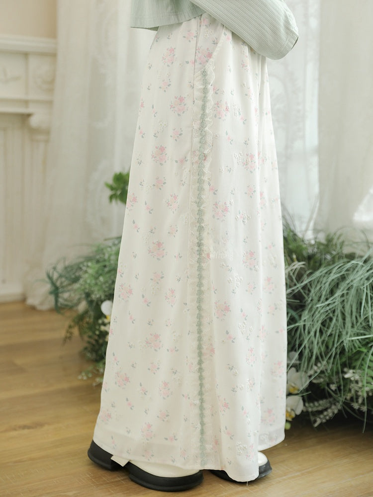 Kurze/normale Hose mit weitem Bein und Spitzenbesatz, geblümt, weiß, elastische Taille, gerüschte Version