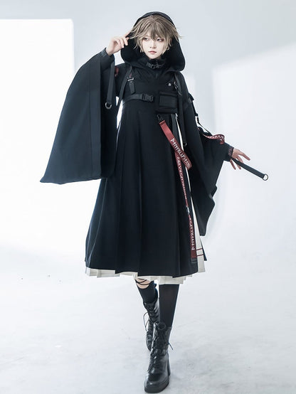 未来的なドレスバックルディテールのホワイトブラックテックウェアJSKプリーツ