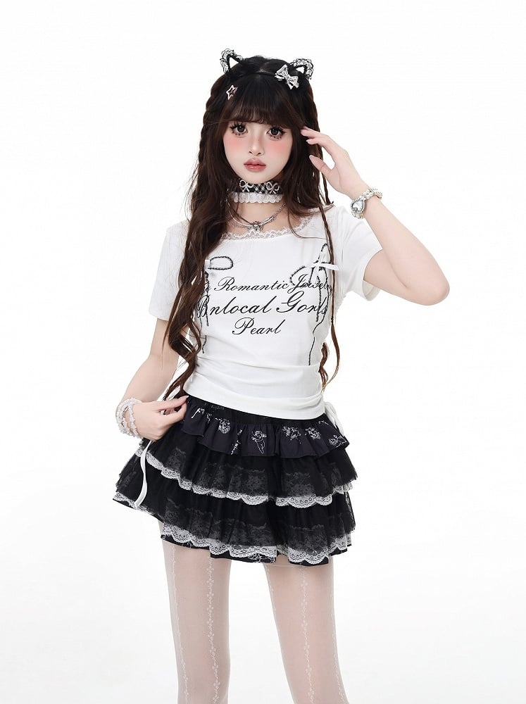 T-Shirt Grafik Schwarz/Grau/Weiß Details Kordelzug Taille Spitzenbesatz Schleife