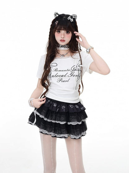 T-Shirt Grafik Schwarz/Grau/Weiß Details Kordelzug Taille Spitzenbesatz Schleife