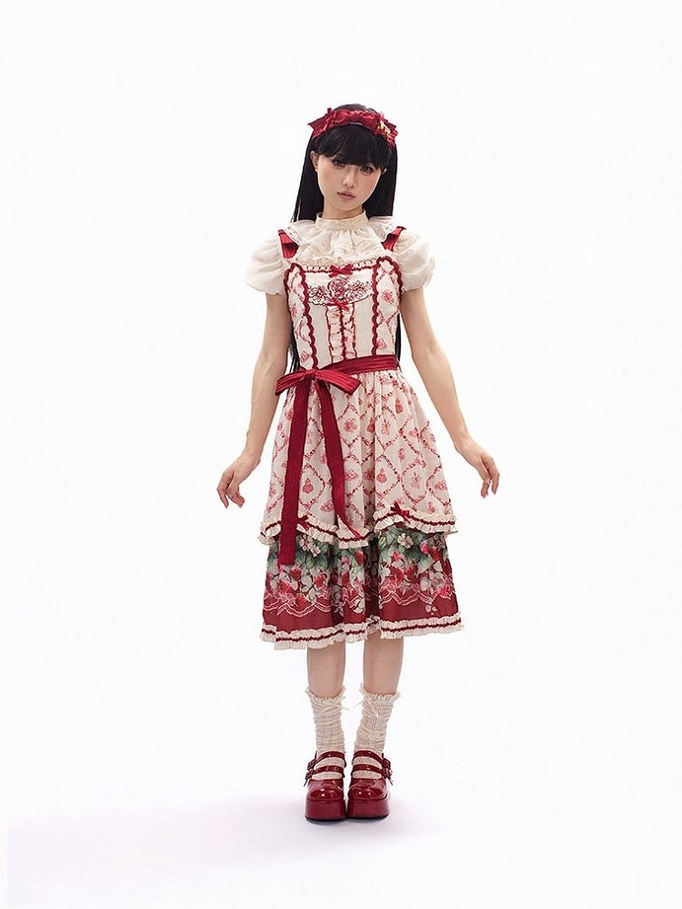 Strawberry Garden Red & White Floral Printed Lolita JSK Gown - Currant