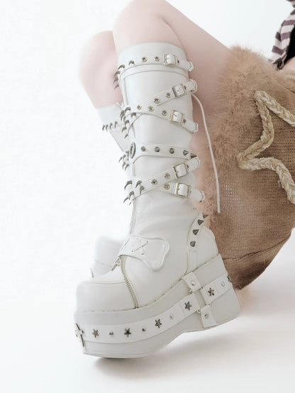 Platform Knee-Length Sole Accents Cross - White Punk with Boots