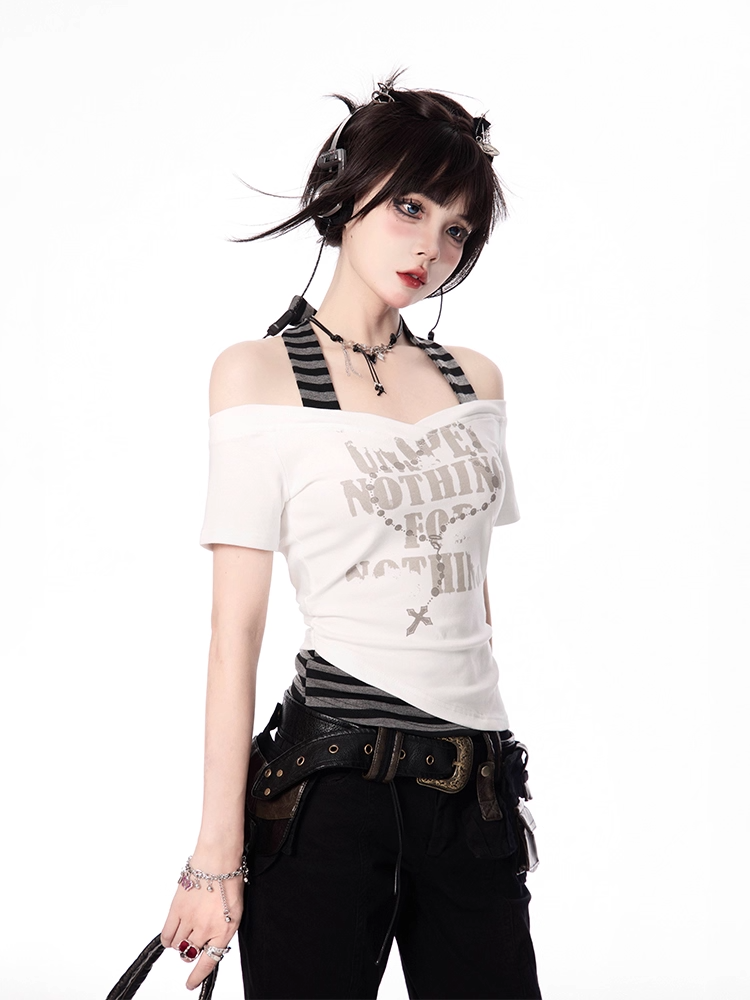 and Y2K Cross Necklace Print White Gray Striped Halter Neck T-shirt
