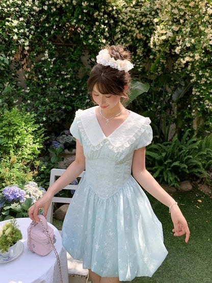 Bubble Blue Peter Pan Kragen Basken-Taille Allover Schmetterling Stickerei Rock Kleid