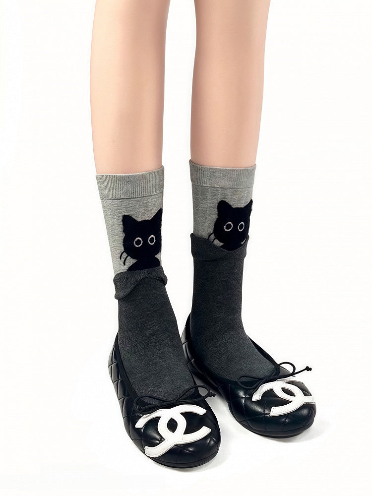 Kitty Design Pattern Cotton Socks with Cute 3 Colors Foldable Cuff