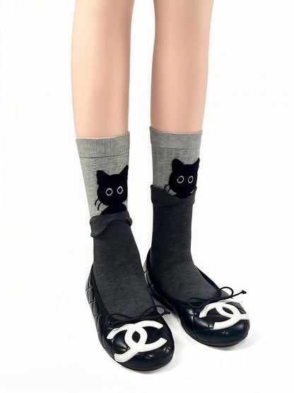Kitty Design Pattern Cotton Socks with Cute 3 Colors Foldable Cuff