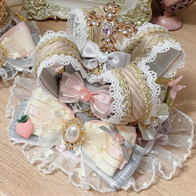 PinkGray Floral Cross Design Mini Rhinestone And Decorated Crown Peach Lace Trim Hat