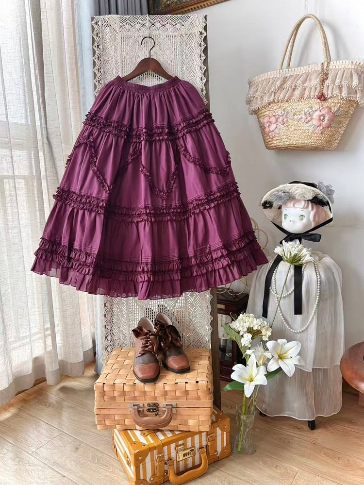 Elastic Waist Skirt Ruffled Purple Dark Under 82cm