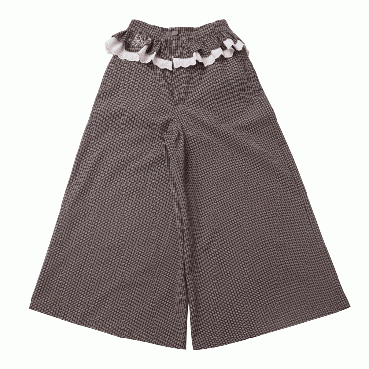 フリルレーストリムウエストワイドレッグパンツ ブラウンチェック