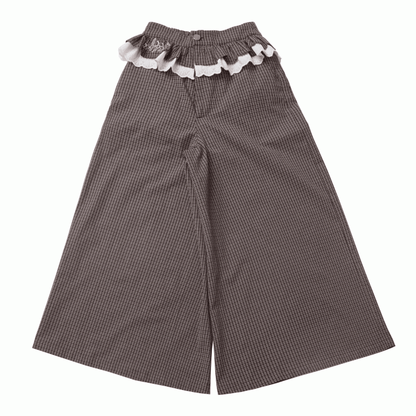 フリルレーストリムウエストワイドレッグパンツ ブラウンチェック