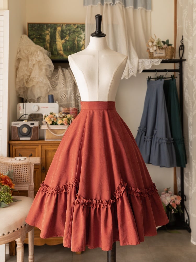 Lolita Ruffle-Trim Flounce-Hem Midi Skirt in Orange Red