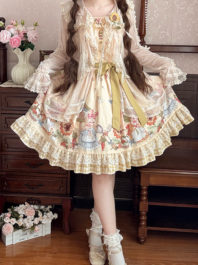 Lolita Bowknots with Sheer Ruffled and Top Trim Apricot Lace